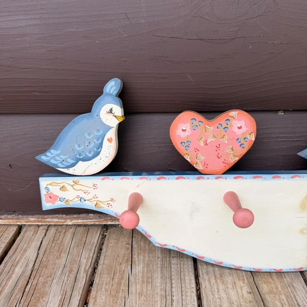Vintage Folk Art Wooden Wall Hooks – Bluebird Country Cottage Peg Rack